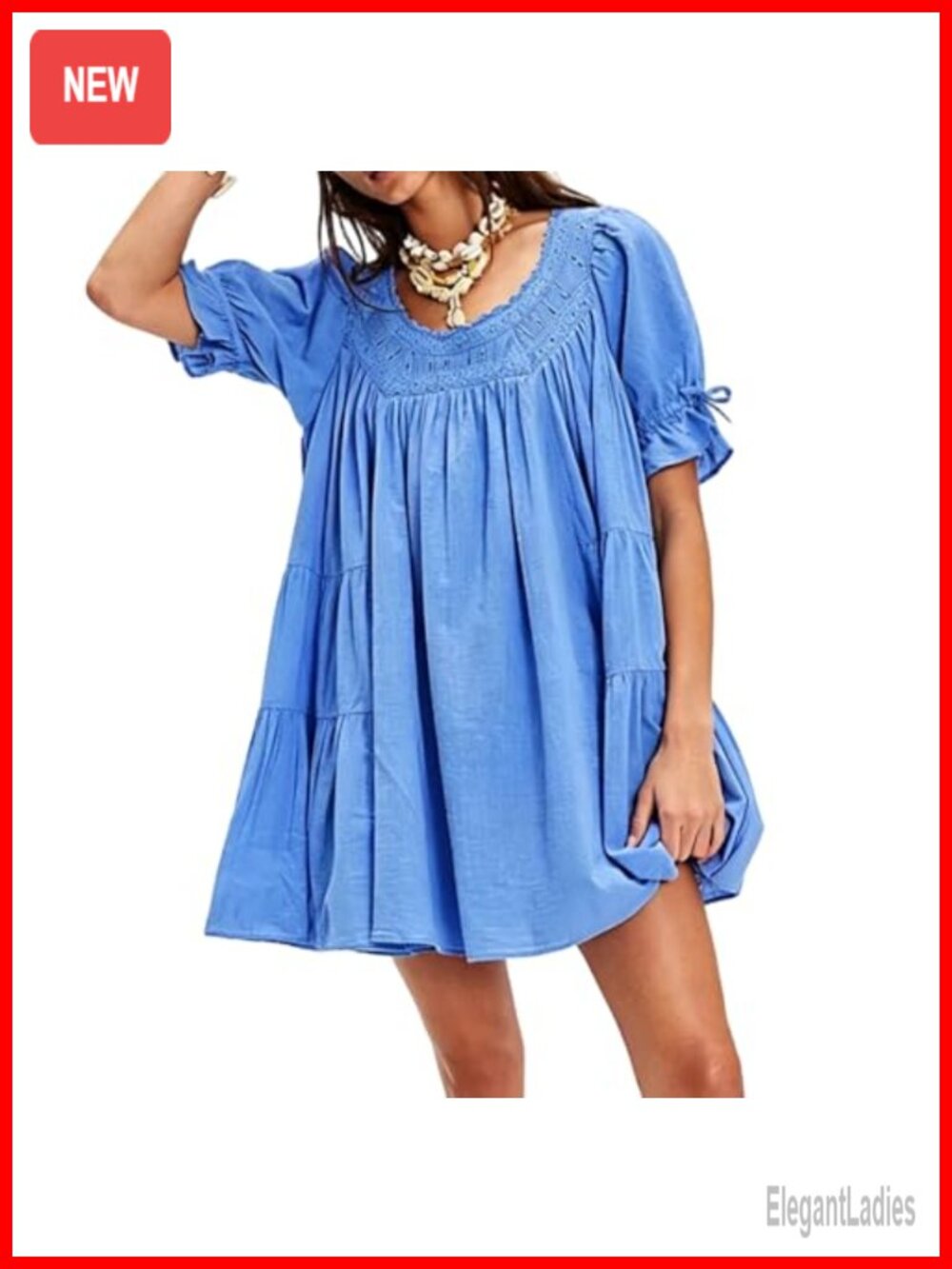Womens Loose Cotton Ruffle Eyelet Babydoll Puff Sleeve Mini Dress Boho Summer